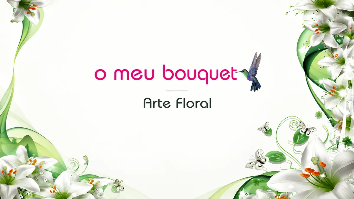 O Meu Bouquet — Arte Floral: lírios brancos, folhagem verde e um colibri, a imagem da marca